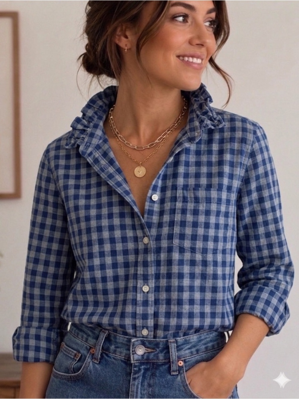 Reworked Upcycled Old Navy Blue Gingham Ruffle Collar Shirt Size Medium